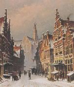 A snowy view of the Smedestraat, Haarlem, Eduard Alexander Hilverdink